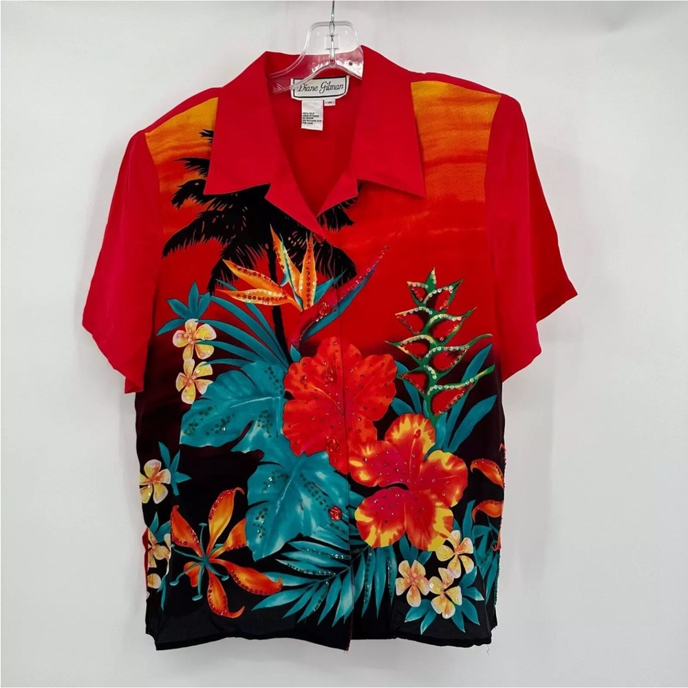 “Diane Gilman “… Bright and colorful RED SILK Blouse! Size medium